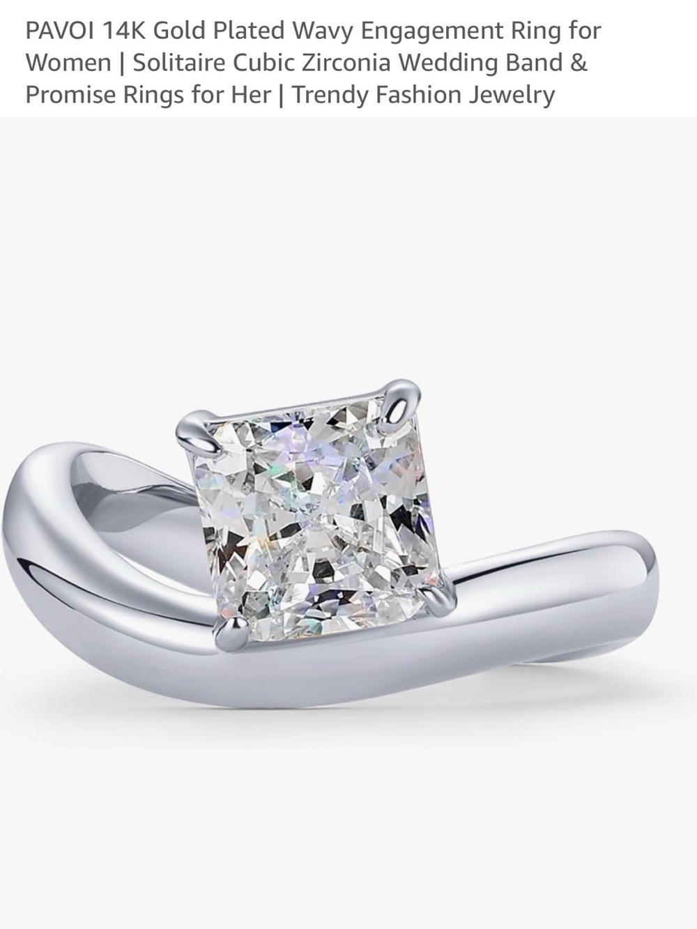 PAVOI Rhodium Plated Wavy Ring for Women | Solitaire Cubic Zirconia | size 7